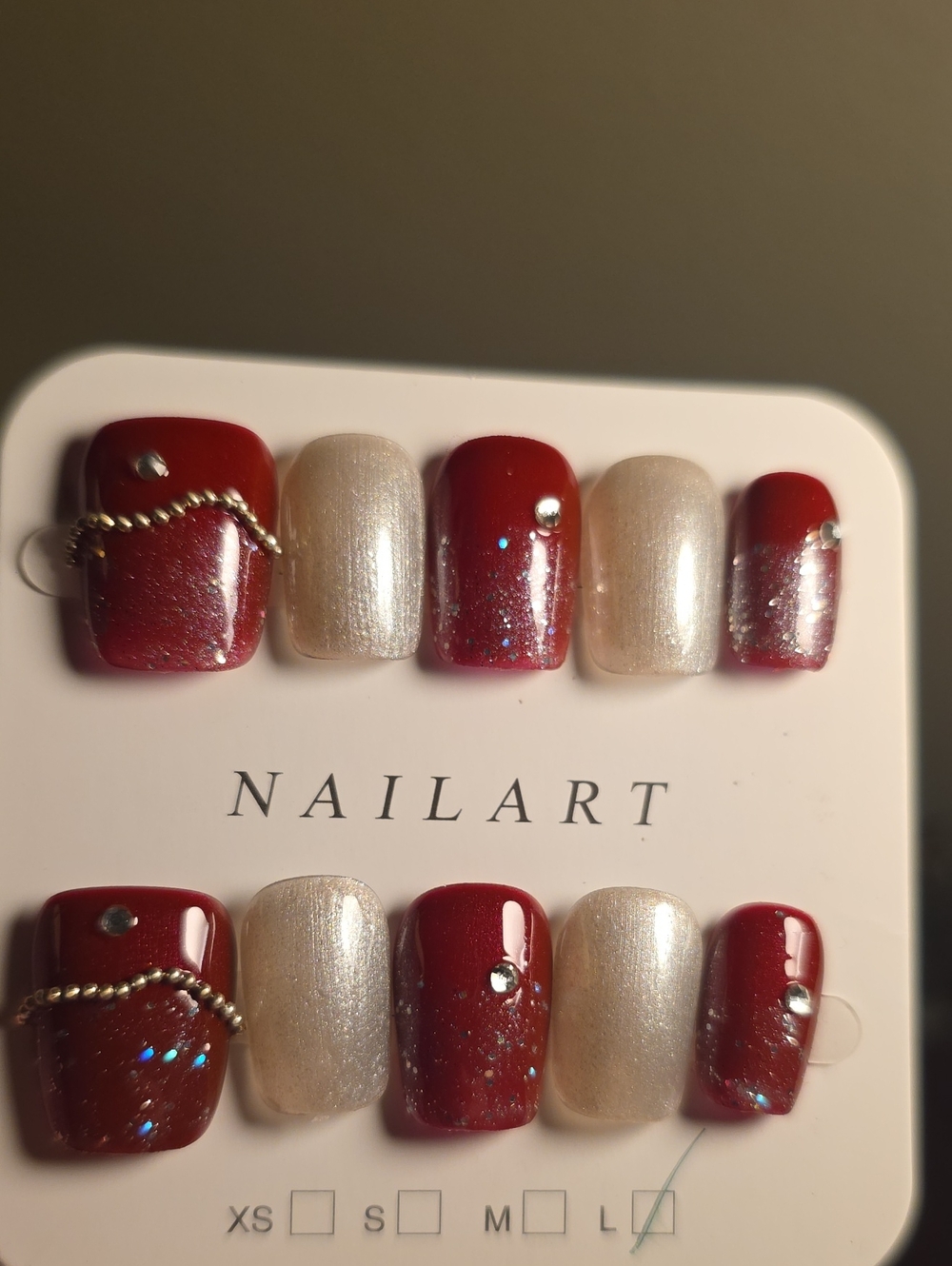 Red & Pearl Press-On Nail Set by Size Large